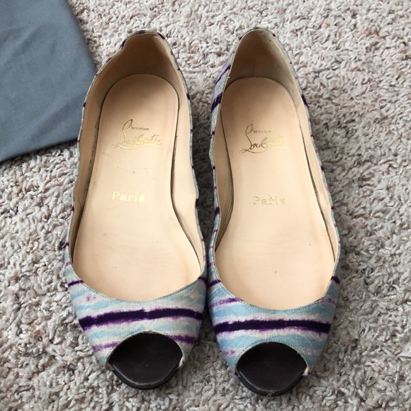Louboutin Flats Peep Toe Accent Purple Light Blue Jaquard Red Bottom Shoes 38 8 - Picture 2 of 6